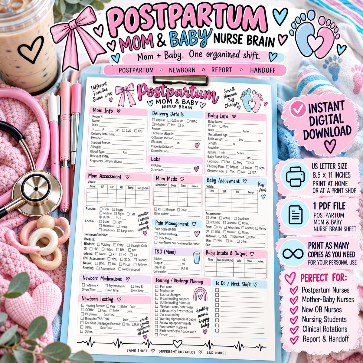 Postpartum / Mom & Baby Nurse Brain Sheet | Mother Baby Report Sheet & Shift Organizer