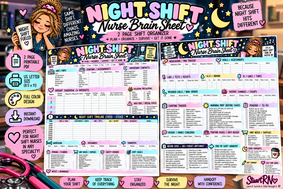 Night Shift Nurse Brain Sheet | 2 Page Nursing Shift Organizer | 1900-0700