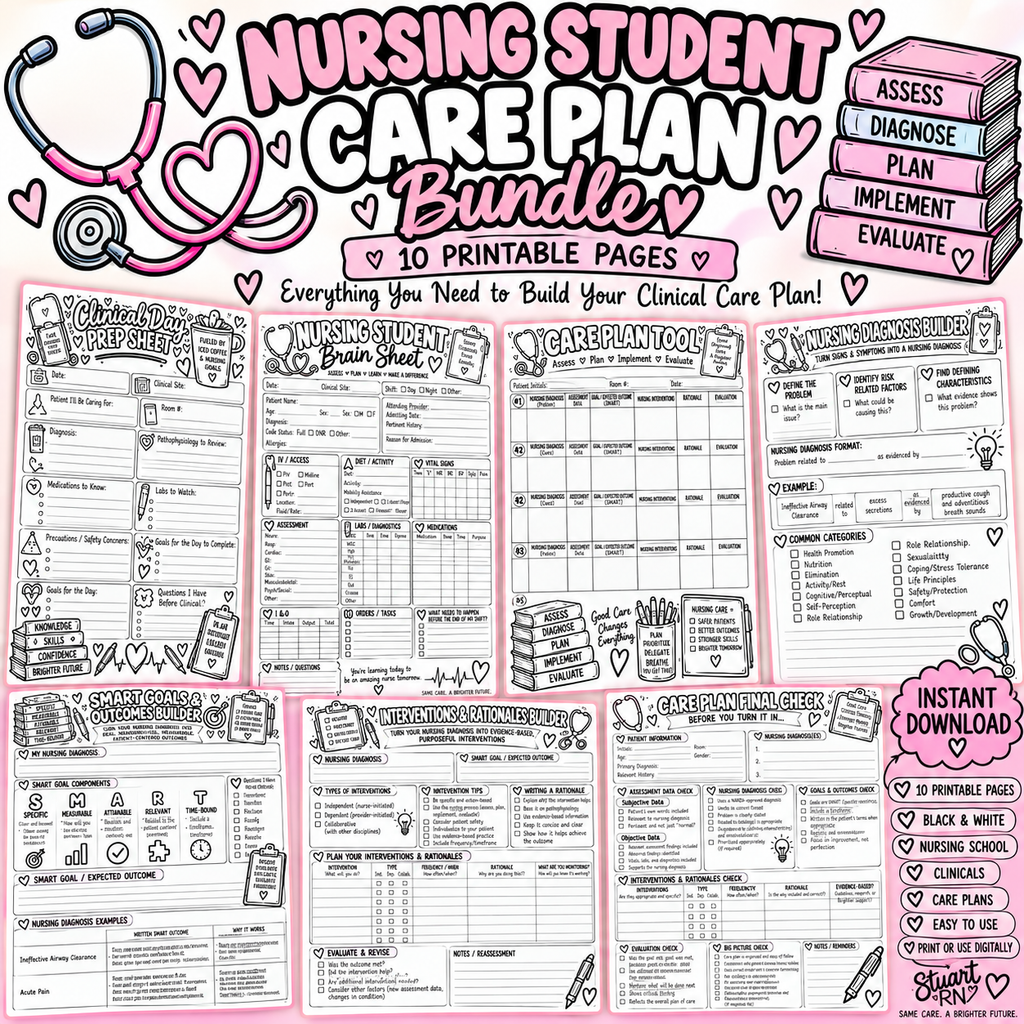 Nursing Student Care Plan Bundle | 10-Page Nursing Care Plan Printable Pack