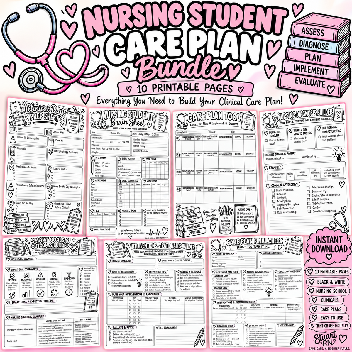 Nursing Student Care Plan Bundle | 10-Page Nursing Care Plan Printable Pack