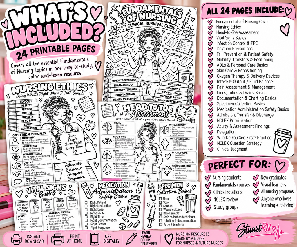 Fundamentals of Nursing | 24-Page Nursing Student Study & Coloring Guide