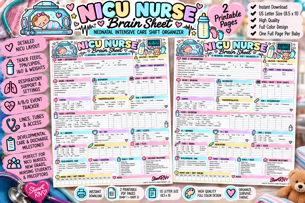 NICU Nurse Brain Sheet | 2-Page Neonatal Shift Organizer