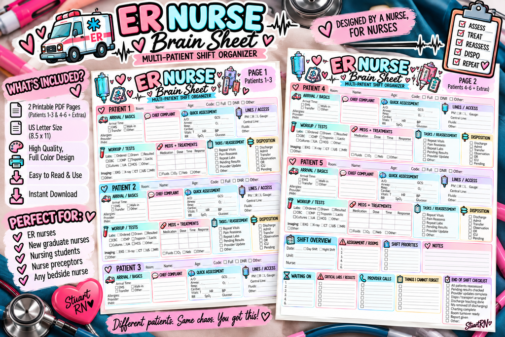 ER Nurse Brain Sheet | 6-Patient Emergency Room Organizer