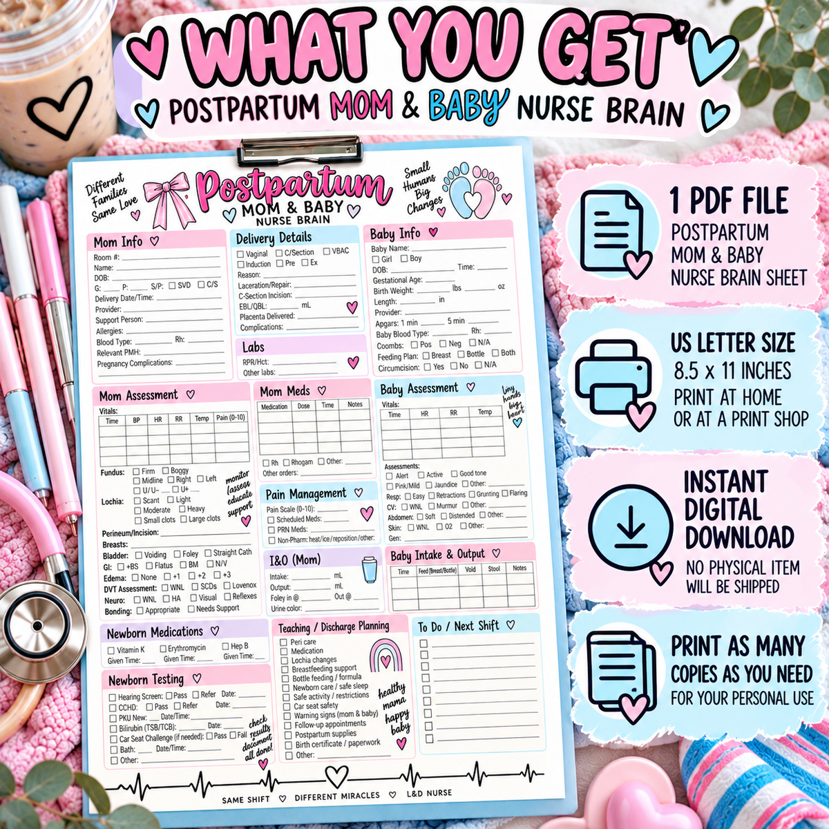 Postpartum / Mom & Baby Nurse Brain Sheet | Mother Baby Report Sheet & Shift Organizer