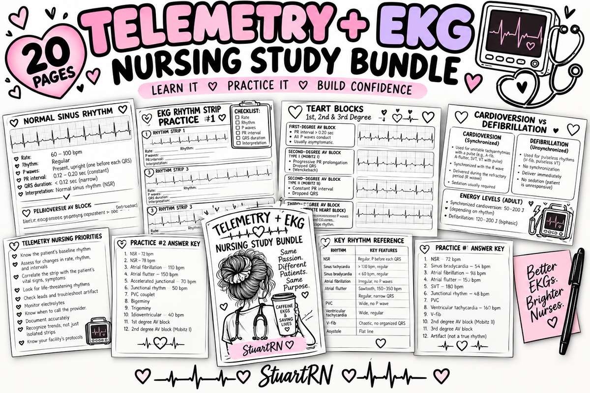 Telemetry EKG Nursing Study Bundle | 20-Page ECG Rhythm Guide