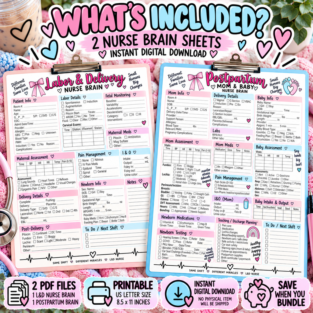 L&D + Postpartum Nurse Brain Sheet Bundle | Labor & Delivery + Mom & Baby Report Sheets