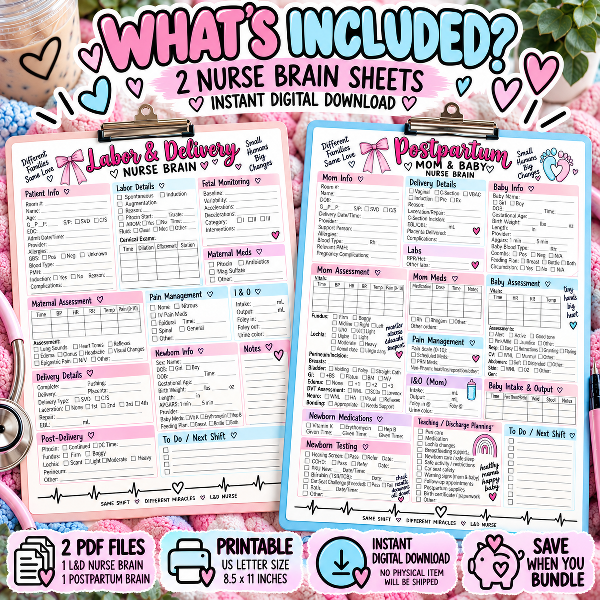 L&D + Postpartum Nurse Brain Sheet Bundle | Labor & Delivery + Mom & Baby Report Sheets