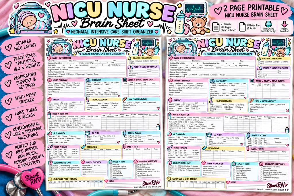 NICU Nurse Brain Sheet | 2-Page Neonatal Shift Organizer