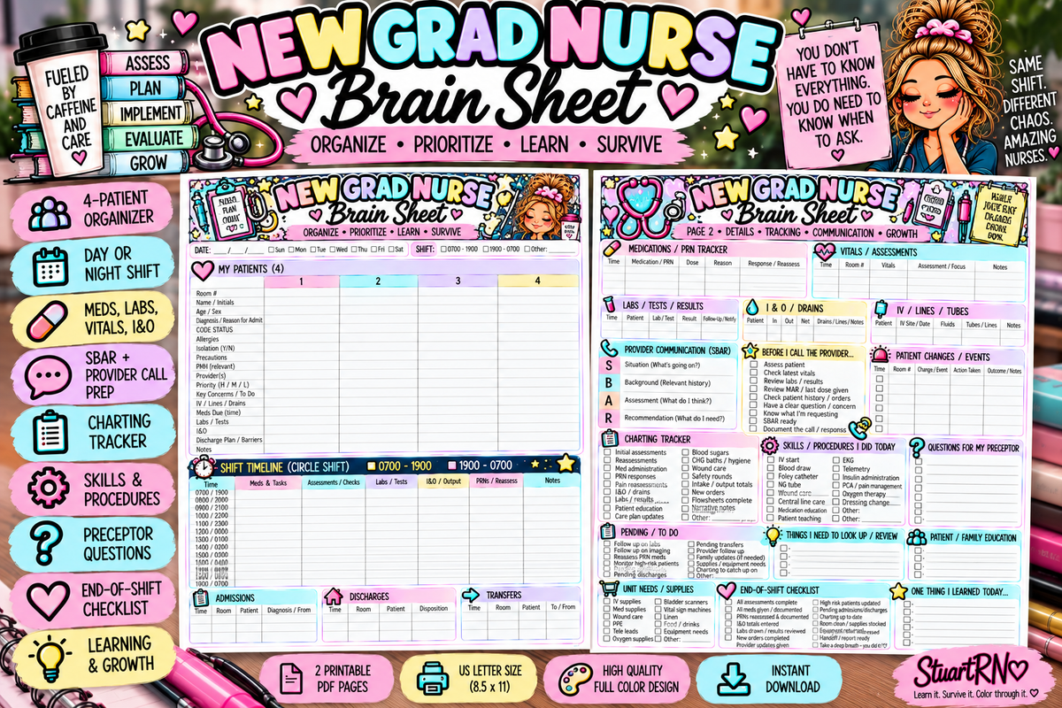 New Grad Nurse Brain Sheet | 4 Patient Nursing Report Sheet