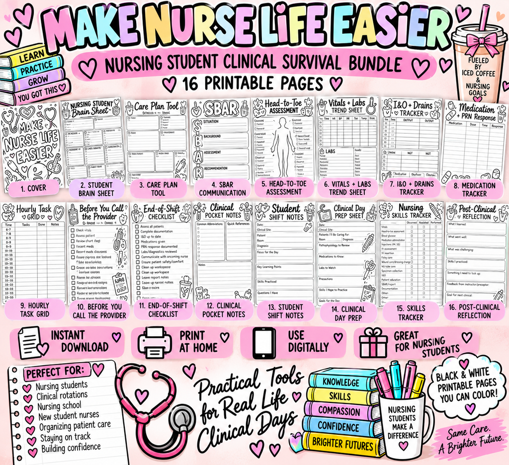Nursing Student Clinical Survival Bundle | 16-Page Clinical Nursing Printable Pack