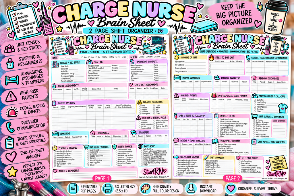Charge Nurse Brain Sheet | 2-Page Shift Organizer