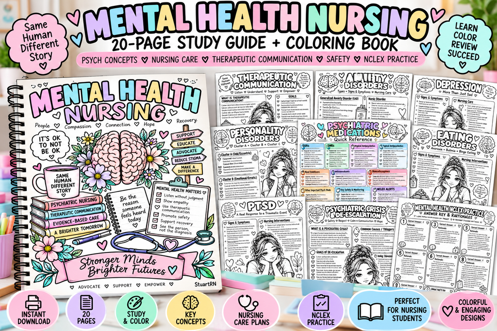 Mental Health Nursing Study Guide + Coloring Book | 20-Page Psych Nursing Guide