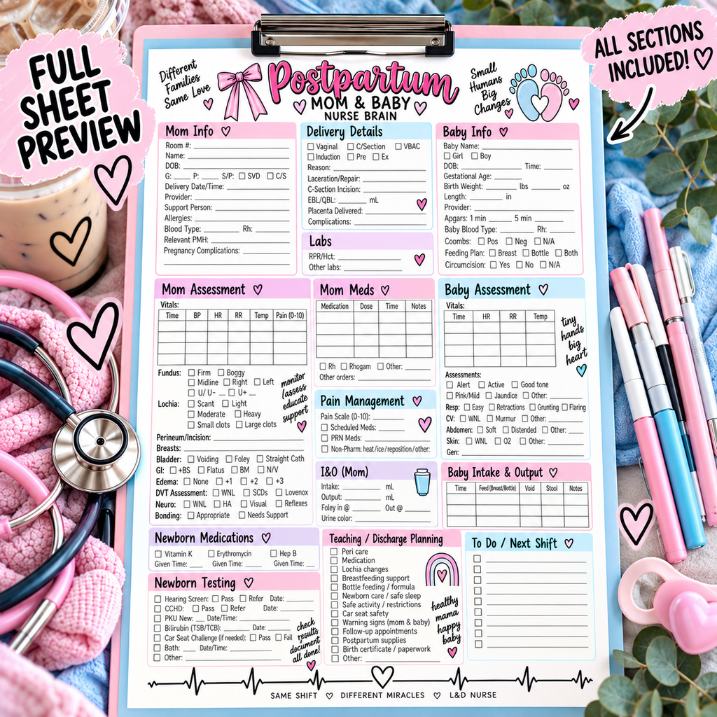 Postpartum / Mom & Baby Nurse Brain Sheet | Mother Baby Report Sheet & Shift Organizer