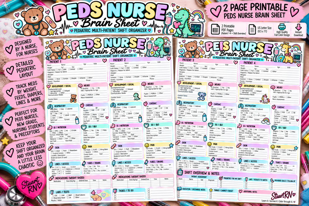 Pediatric Nurse Brain Sheet | 4-Patient Shift Organizer