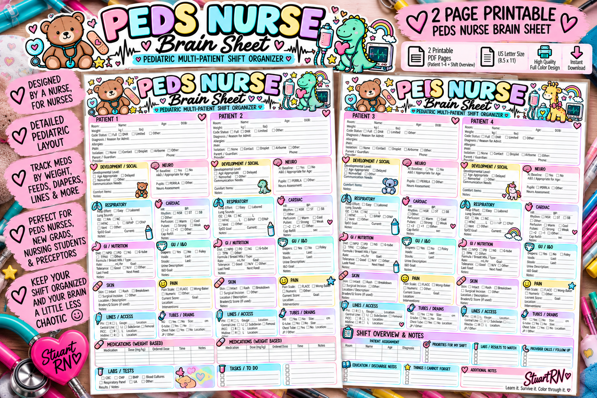 Pediatric Nurse Brain Sheet | 4-Patient Shift Organizer
