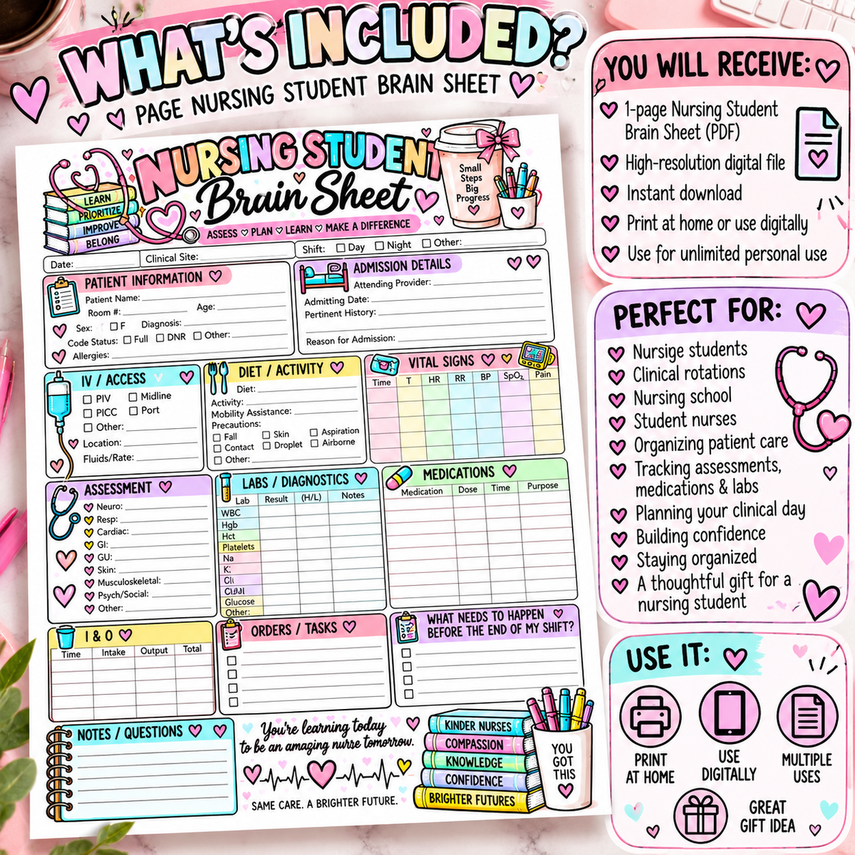 Nursing Student Clinical Organizer | 2 Page Clinical Patient Worksheet