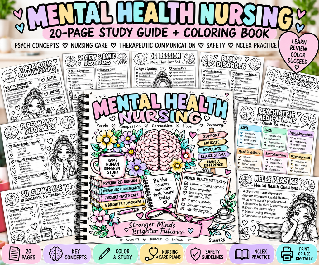 Mental Health Nursing Study Guide + Coloring Book | 20-Page Psych Nursing Guide