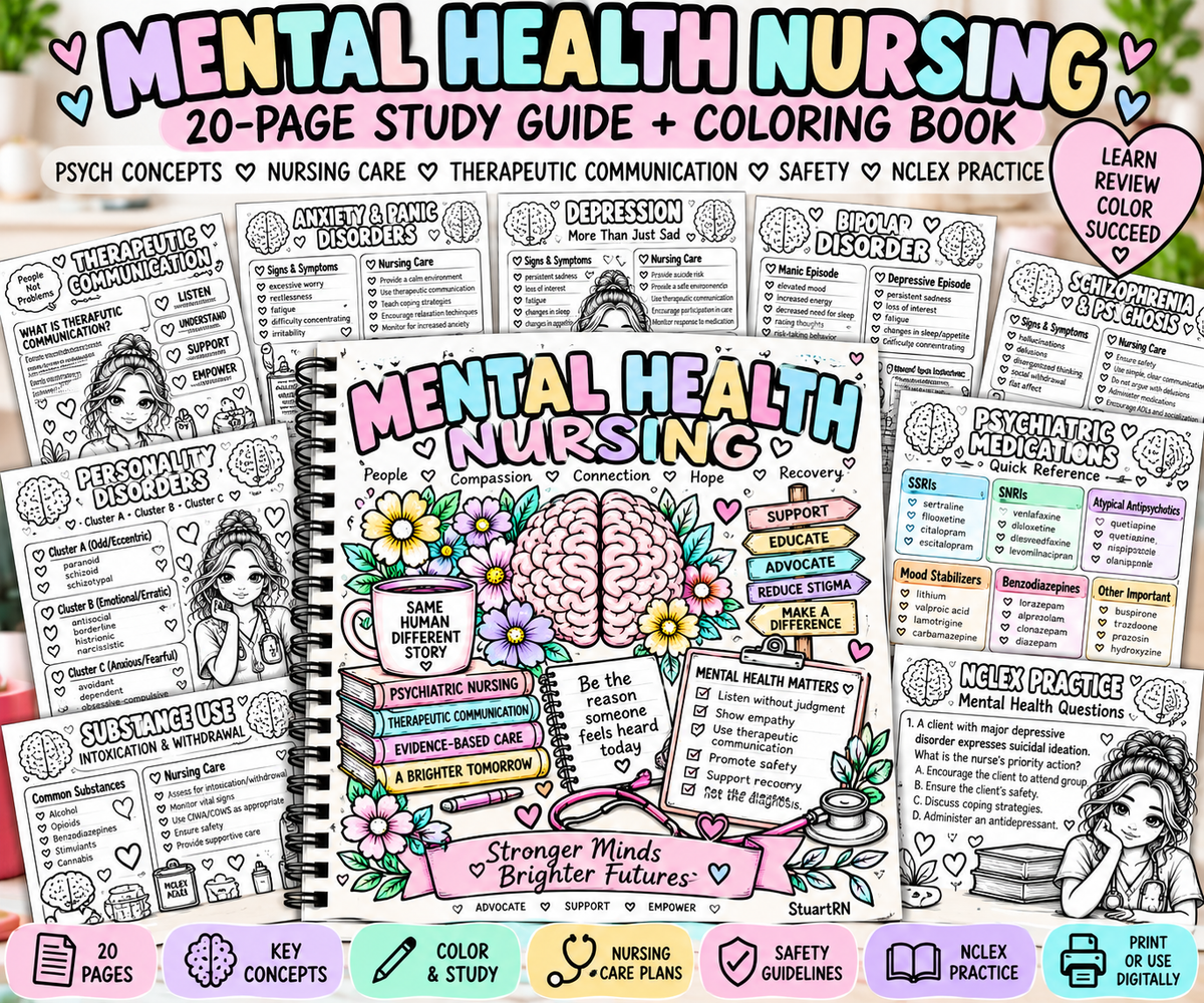 Mental Health Nursing Study Guide + Coloring Book | 20-Page Psych Nursing Guide