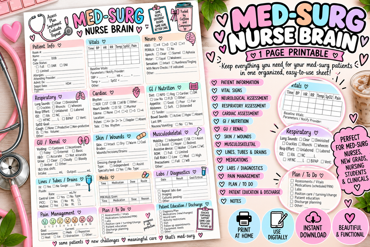 Med-Surg Nurse Brain Sheet | 1-Page Patient Assessment Organizer