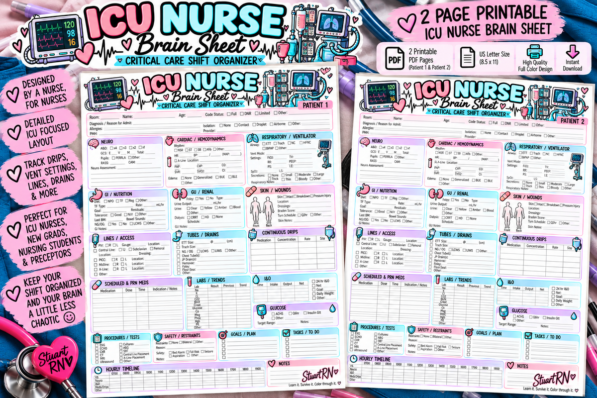 ICU Nurse Brain Sheet | Critical Care Shift Organizer | 2-Patient Printable