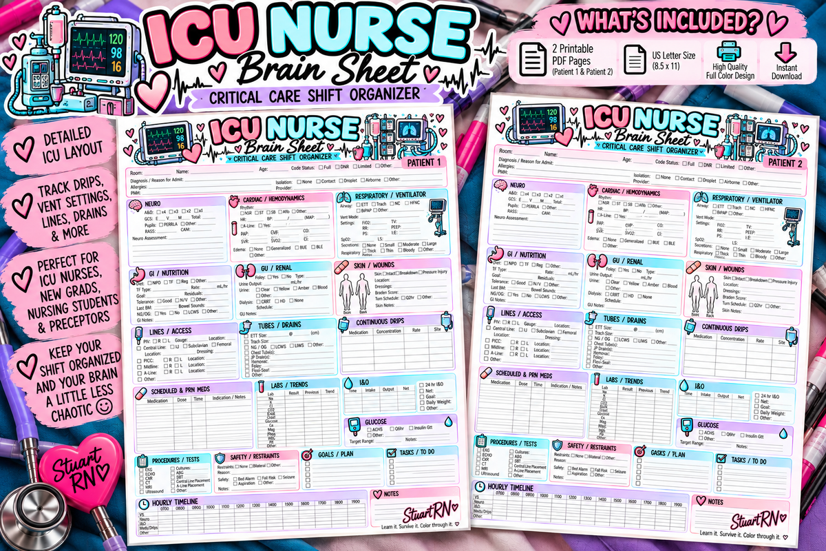 ICU Nurse Brain Sheet | Critical Care Shift Organizer | 2-Patient Printable