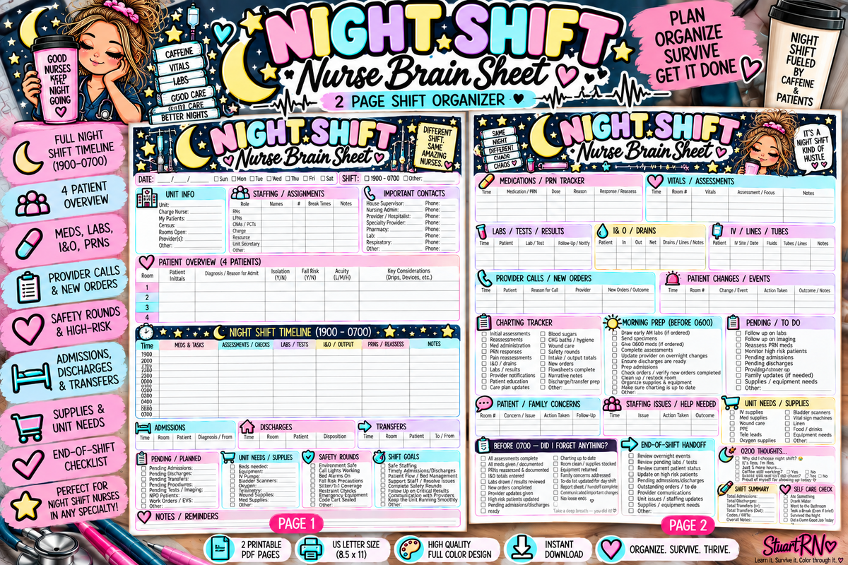 Night Shift Nurse Brain Sheet | 2 Page Nursing Shift Organizer | 1900-0700