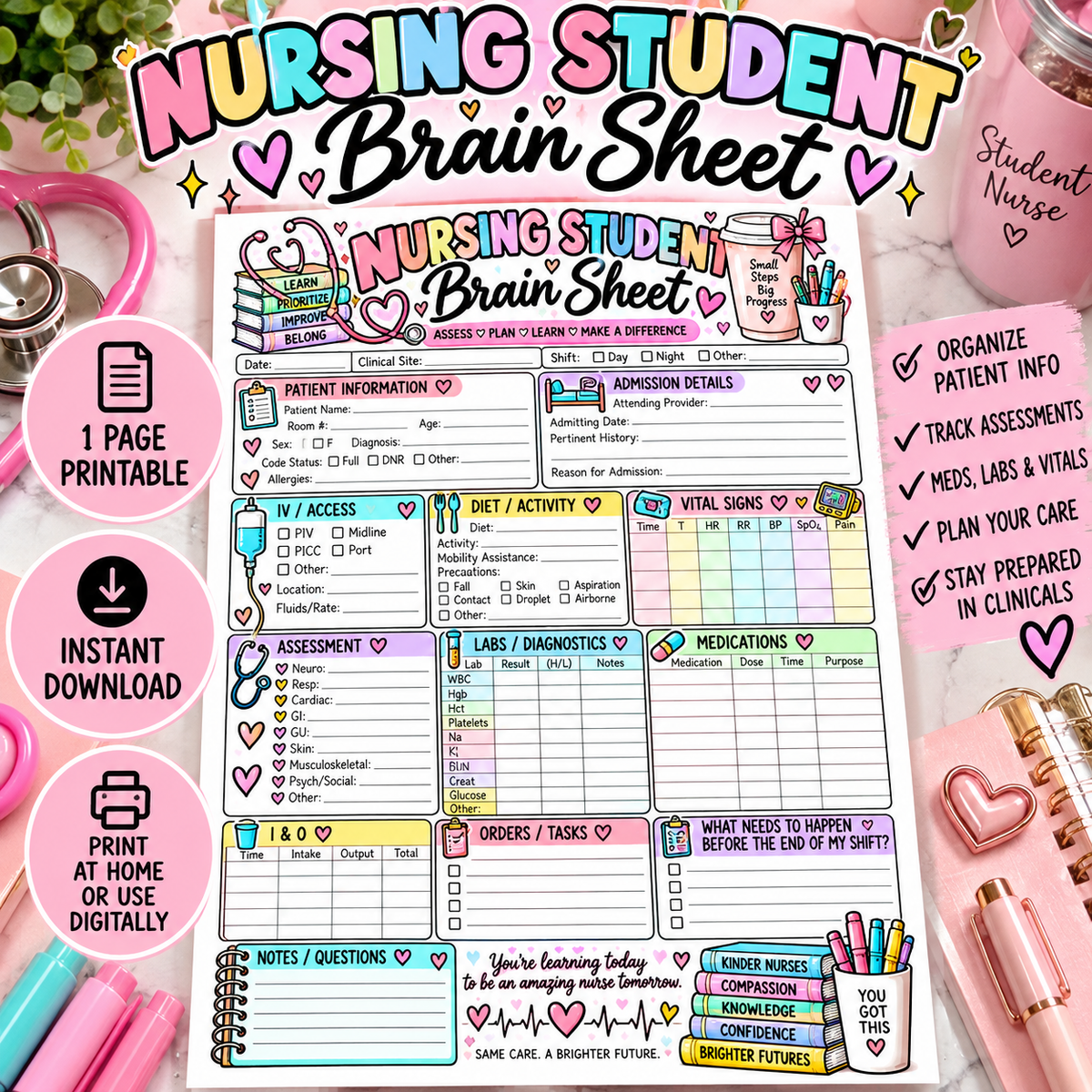 Nursing Student Clinical Organizer | 2 Page Clinical Patient Worksheet