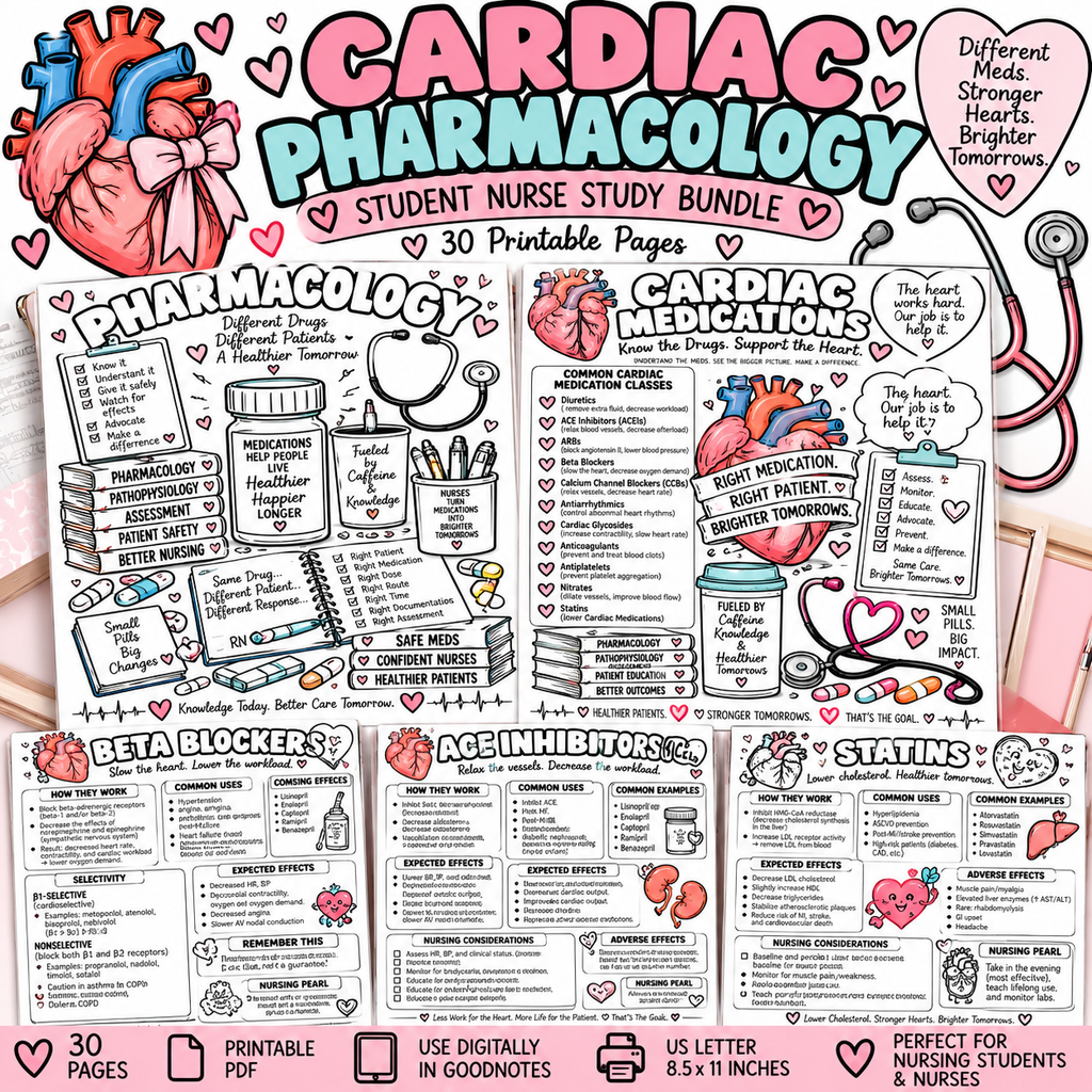 Cardiac Pharmacology Nursing Study Guide + Coloring Pages | Heart Medications