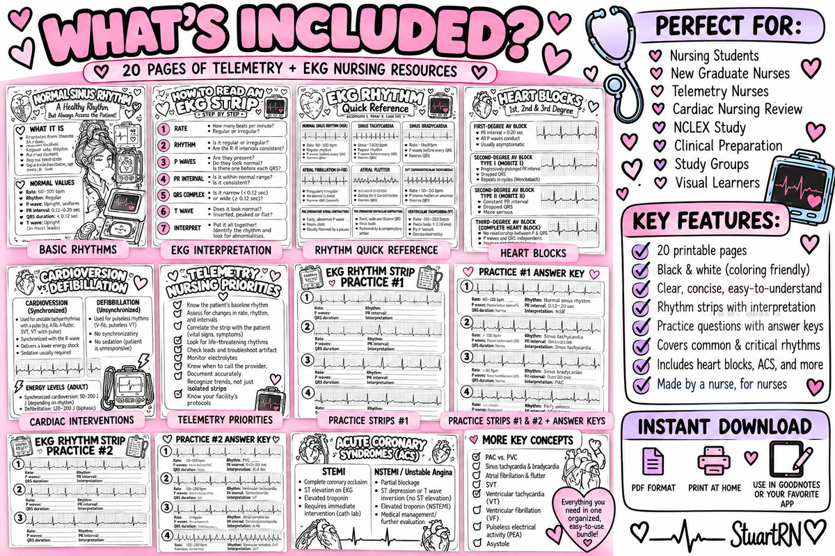 Telemetry EKG Nursing Study Bundle | 20-Page ECG Rhythm Guide