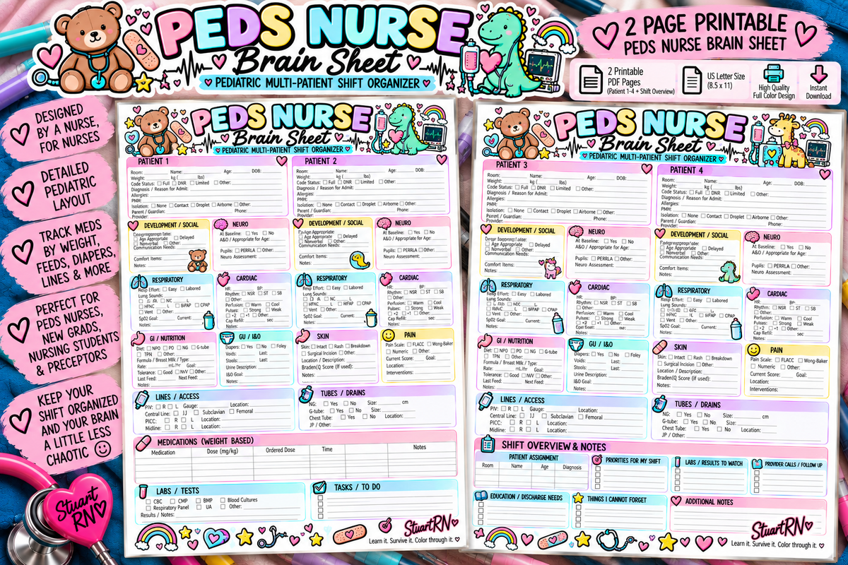 Pediatric Nurse Brain Sheet | 4-Patient Shift Organizer
