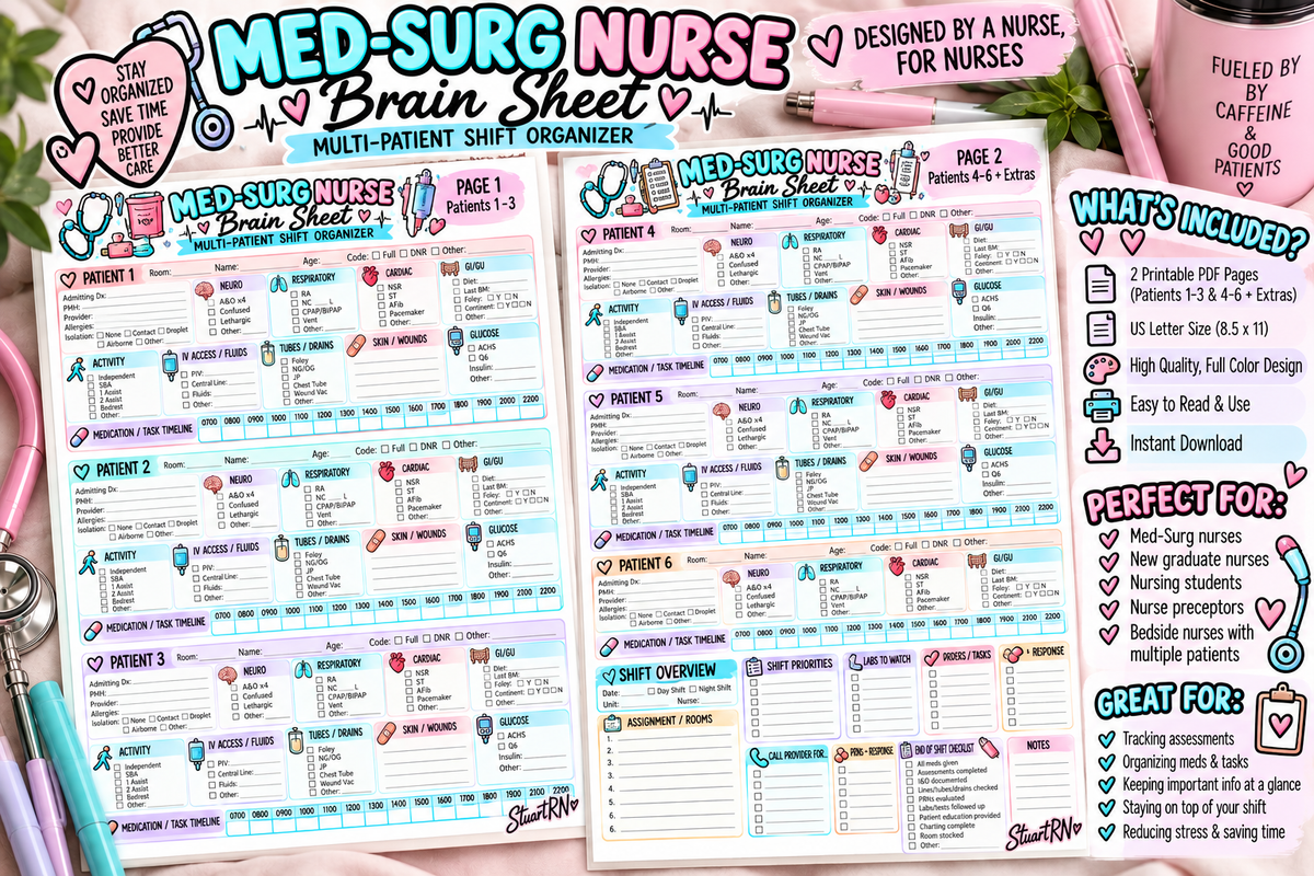 Med-Surg Nurse Brain Sheet | Multi-Patient Shift Organizer