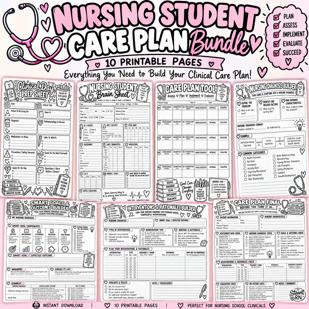 Nursing Student Care Plan Bundle | 10-Page Nursing Care Plan Printable Pack