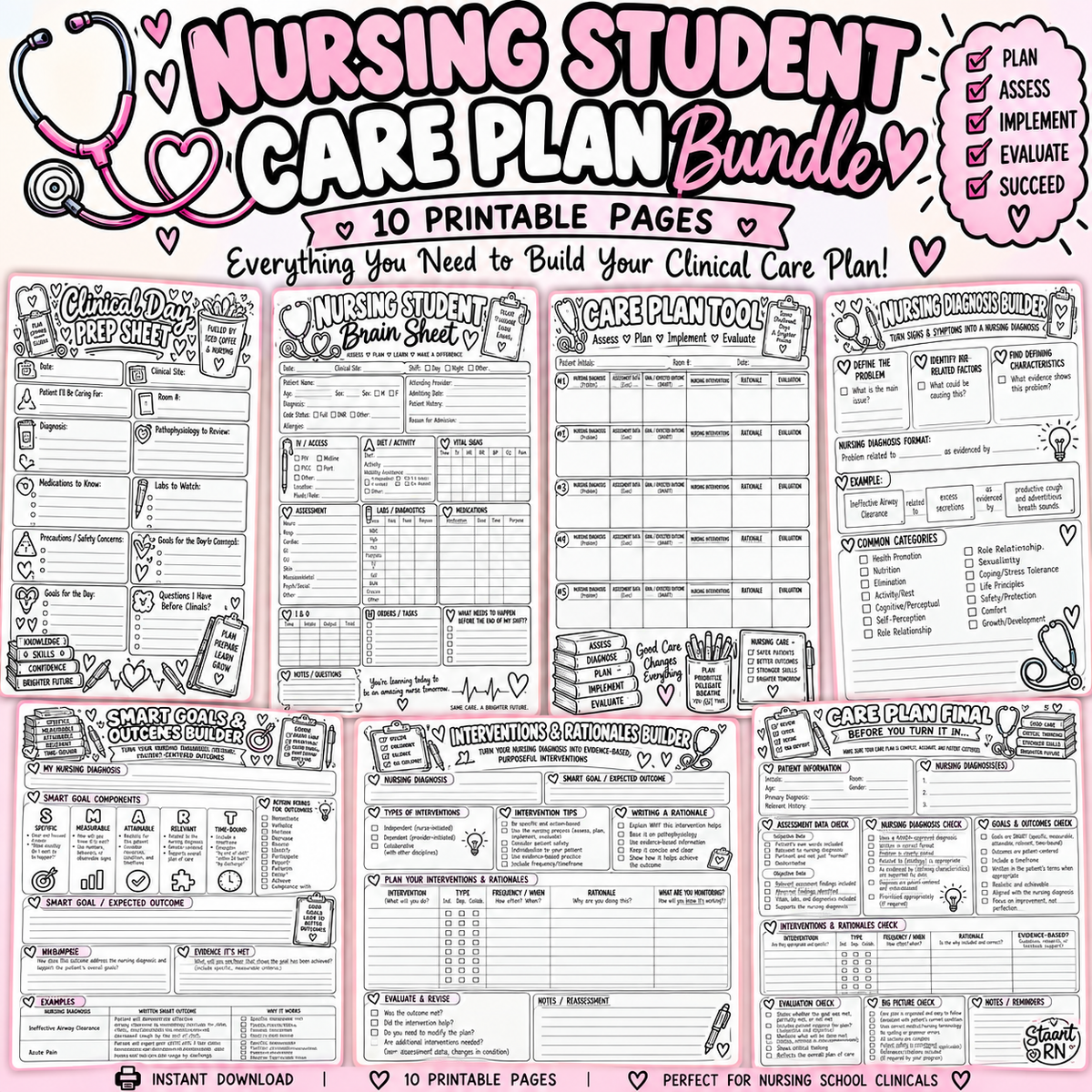 Nursing Student Care Plan Bundle | 10-Page Nursing Care Plan Printable Pack